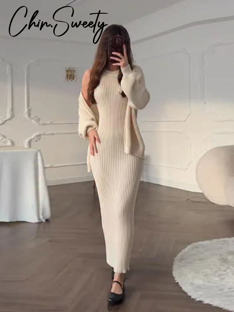 

Элегантный вязаный женский кардиган, платье, костюм, однотонные платья с длинными рукавами на бедрах, женские комплекты 2026, весенняя женская уличная одежда, новинка