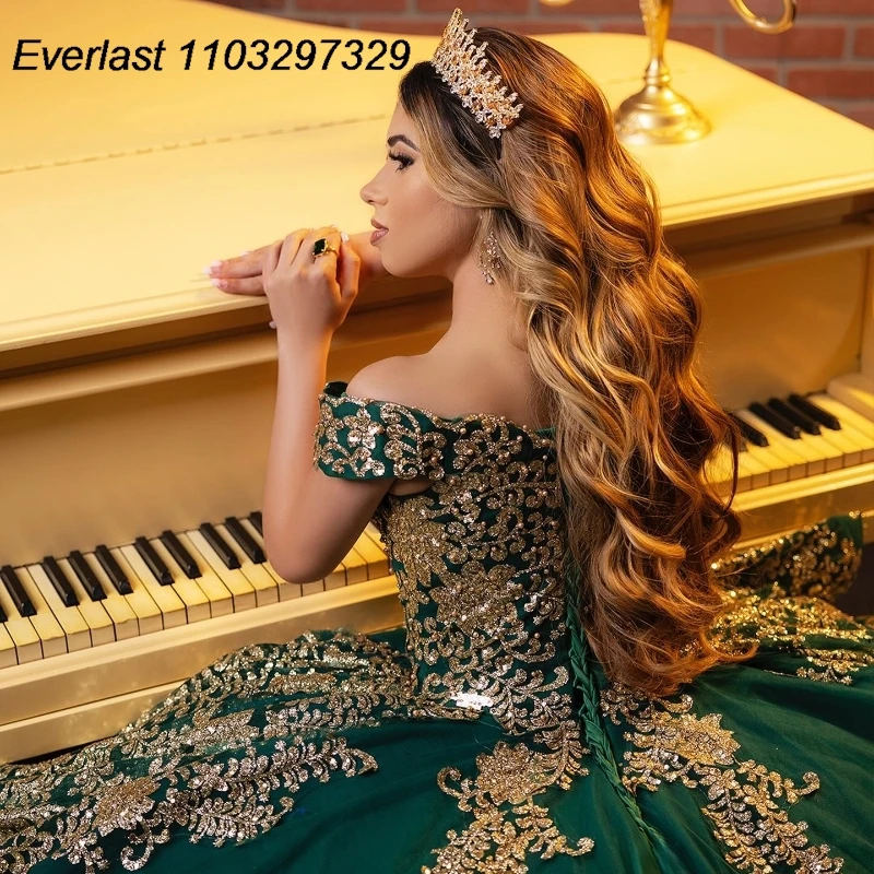 EVLAST Customized Green Quinceanera Dress Ball Gown Gold Lace Applique Beading Tiered Corset Sweet 16 Vestidos De 15 Anos TQD887