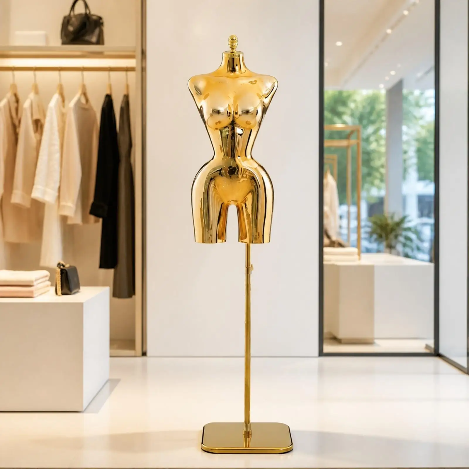 Plastic Torso Mannequin for Womens Clothing Showcase with Smooth Reflective Surface and Stand
