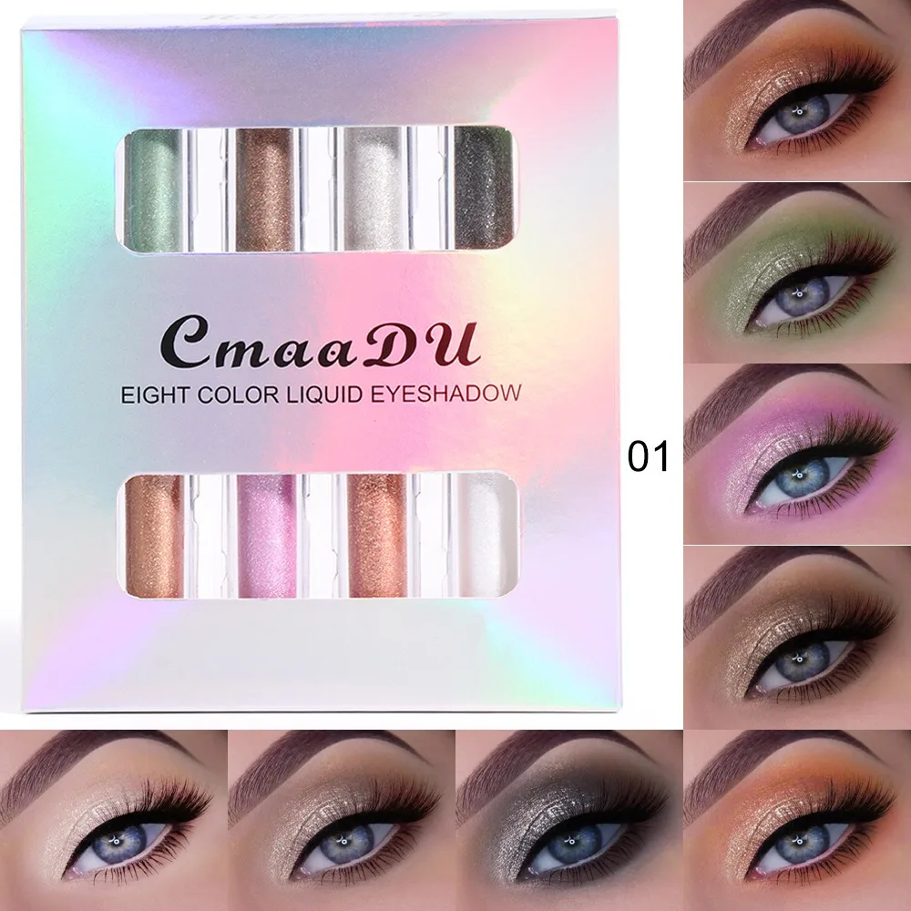 CmaaDu 8 color 4 Pcs / Kit 2IN1 Shimmer Liquid Eye Shadow Highlighter Make Up Waterproof Shiny Lasting Sequins Eyeshadow Makeup