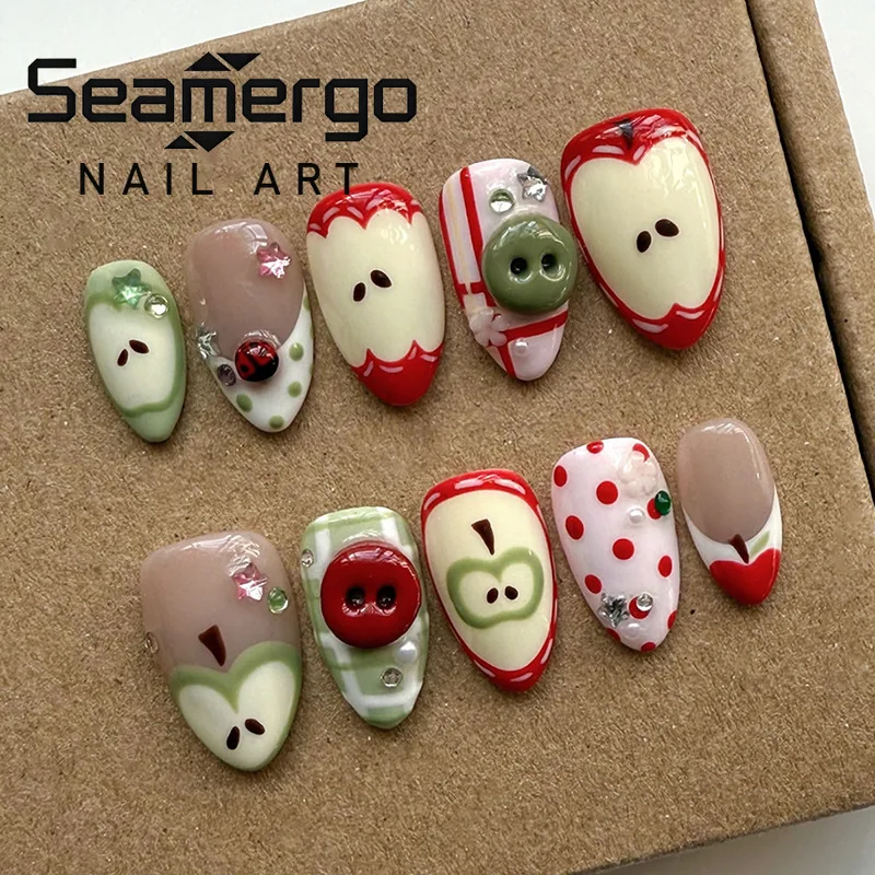 

24PCS Almond Shape False Nails Fruit Style 3D Press on Nails Apple Cherry Strawberry Kiwi Shaped Fun Insect Nail Art Removable