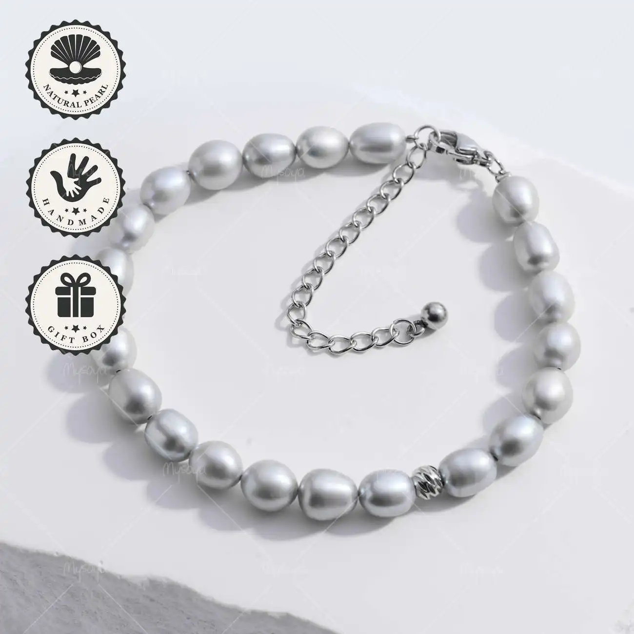 

MYSOYA Gray Rice Freshwater Pearl Bracelet 6-7mm, Gift Box, Ideal Birthday & Anniversary Gift