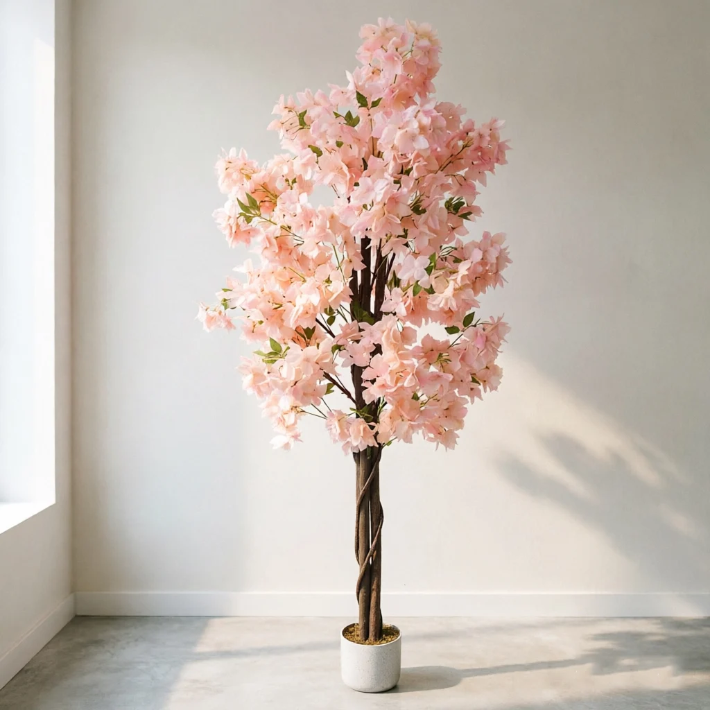 Grand arbre artificiel de cerisier en fleurs pour la décoration de la maison et de mariage - Plante réaliste à fleurs roses artificielles en pot, verdure décorative élégante pour salon, entrée, chambre, bureau - Arbre individuel