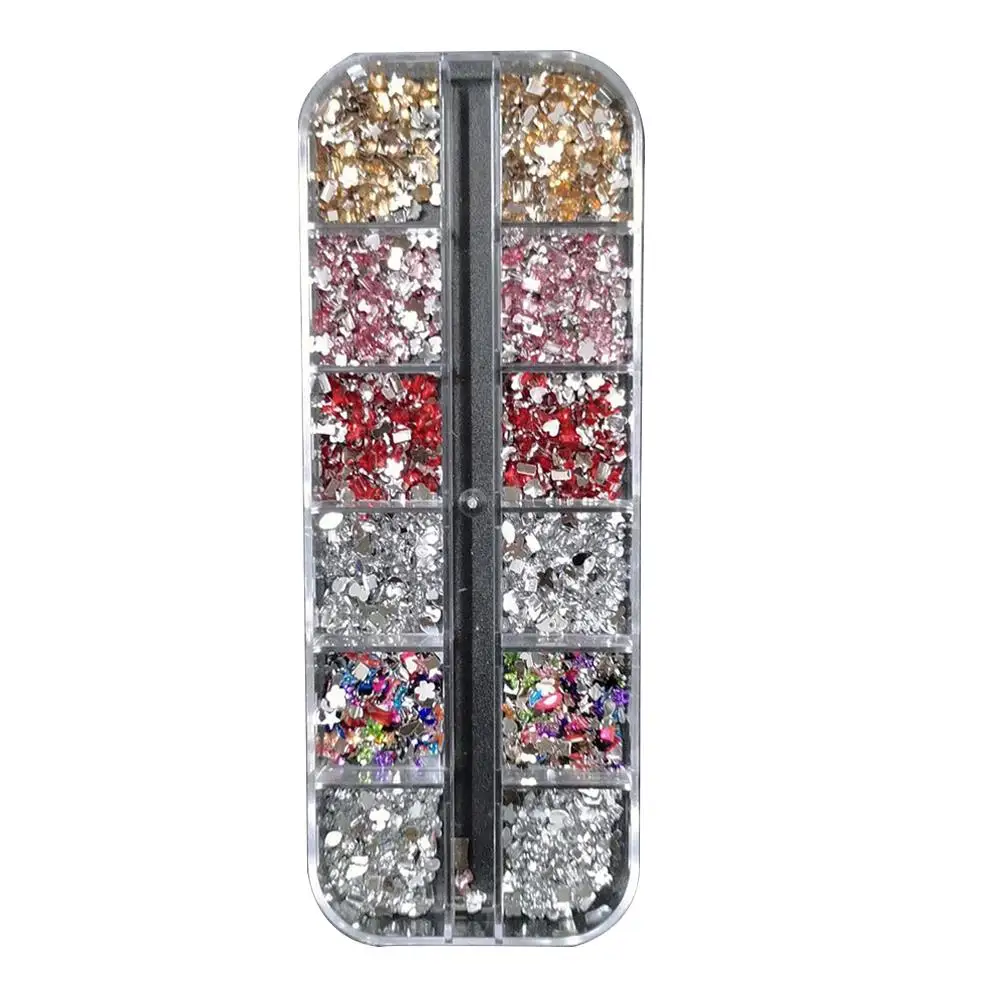 믹스 3D 네일 라인스톤 12 그리드 크리스탈 다이아몬드 네일 아트 글리터 다이아몬드 매니큐어 장식 플랫백 크리스탈 네일 액세서리