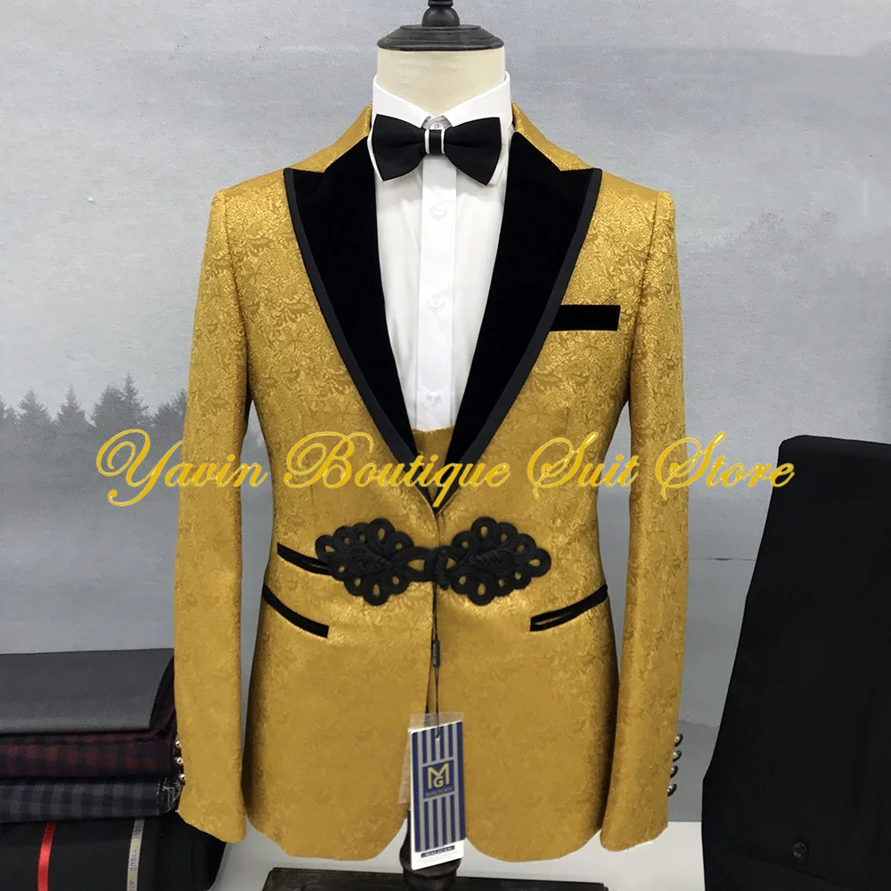 Formal Men's Suit 2 Piece Tuxedo Chinese Knotting Button Jacket Pants Set Peaked Lapel Holiday Party Blazer