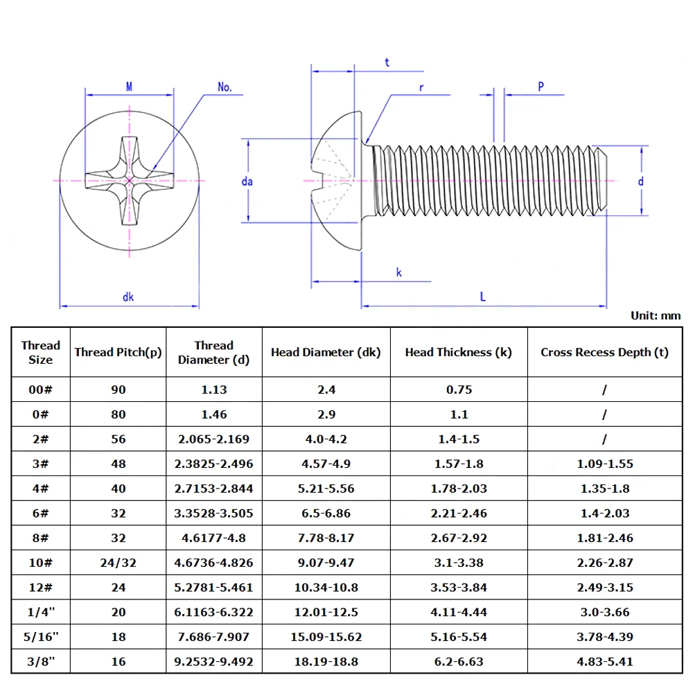 6#-32 UNC Thread SUS304 Phillips Pan Head Screws GB818 Full Thread Cross Recessed Stainless Steel Machine Bolts