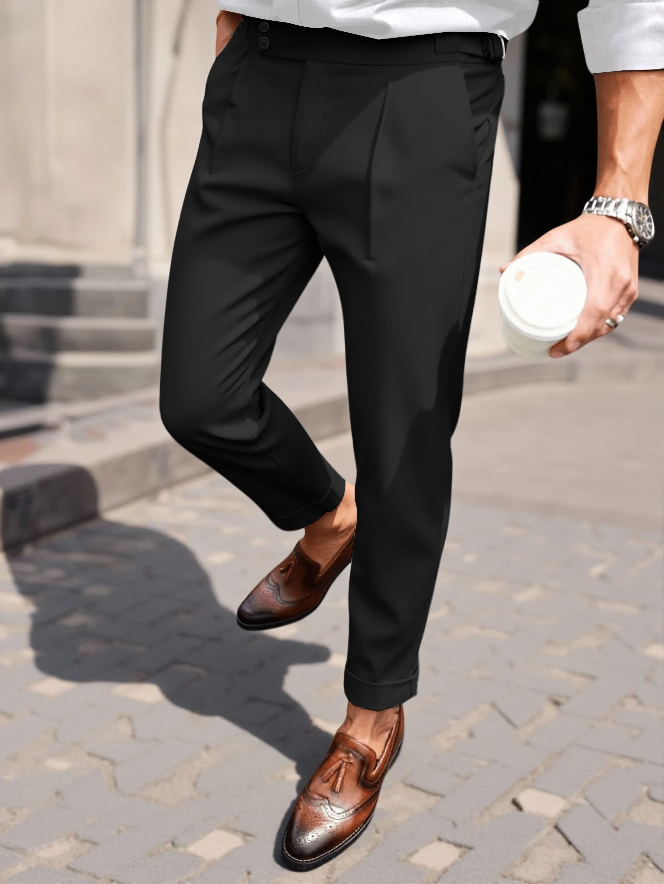 Men Gurkha High Waist Pleated Cuffed Cropped Dress Pants, Polyester Viscose Elastane Stretch Business Casual Black Trousers