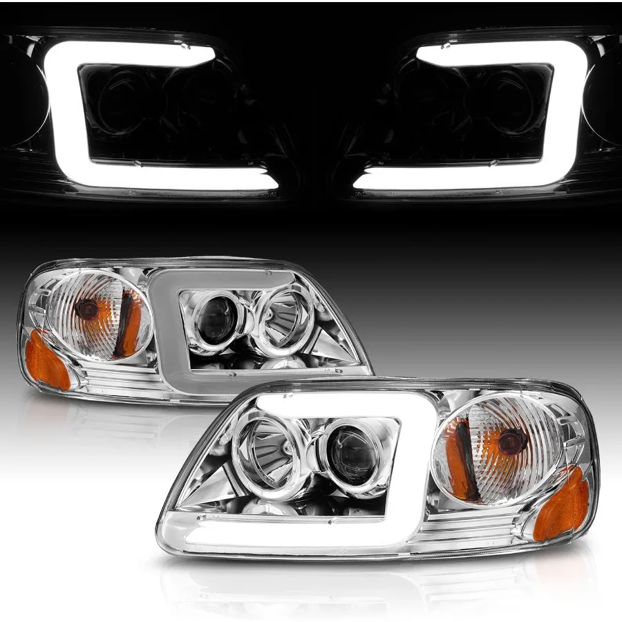 For 19972003  F150 Expedition Pickup Truck Chrome CType LED Tube Projector Replacement Headlights Set with Enhanced Visibility
