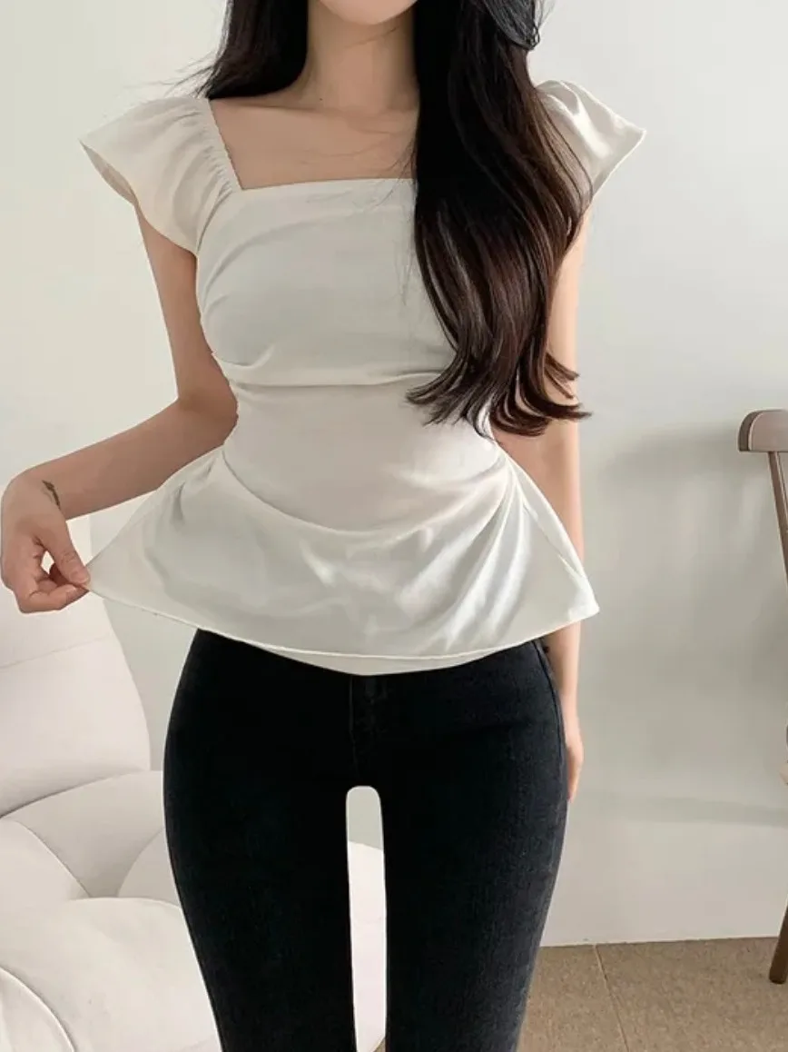 

Women's Gentle Korean Sle irt Square Collar Fly Sve Tie Waist Chiffon Top Agel Versatile Summer Faion Blouse