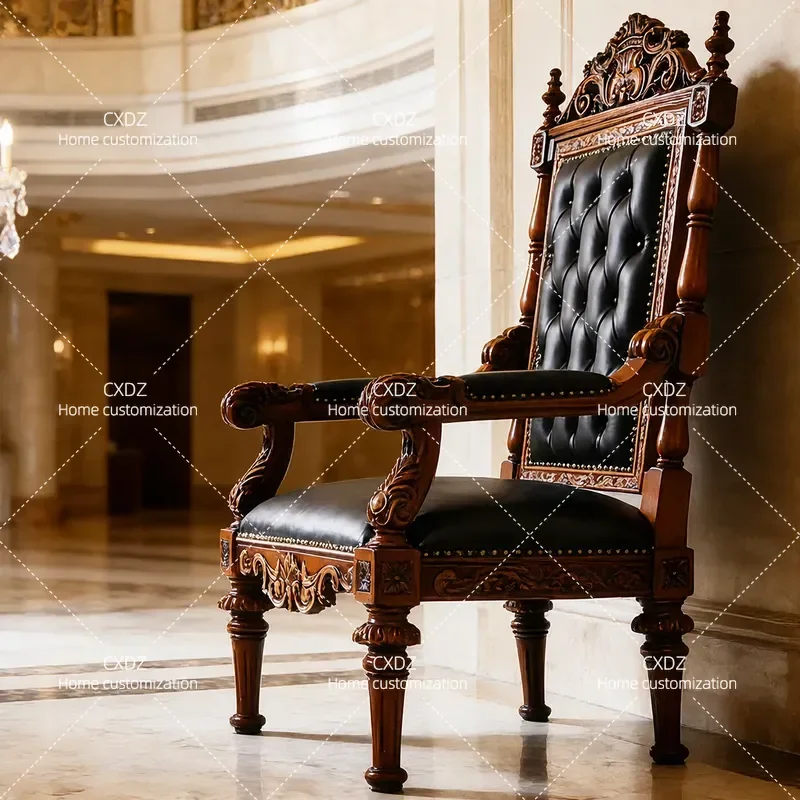 American High End Solid Wood Book Chair Office Leather Leisure Retro Carved Boss Chair High Back