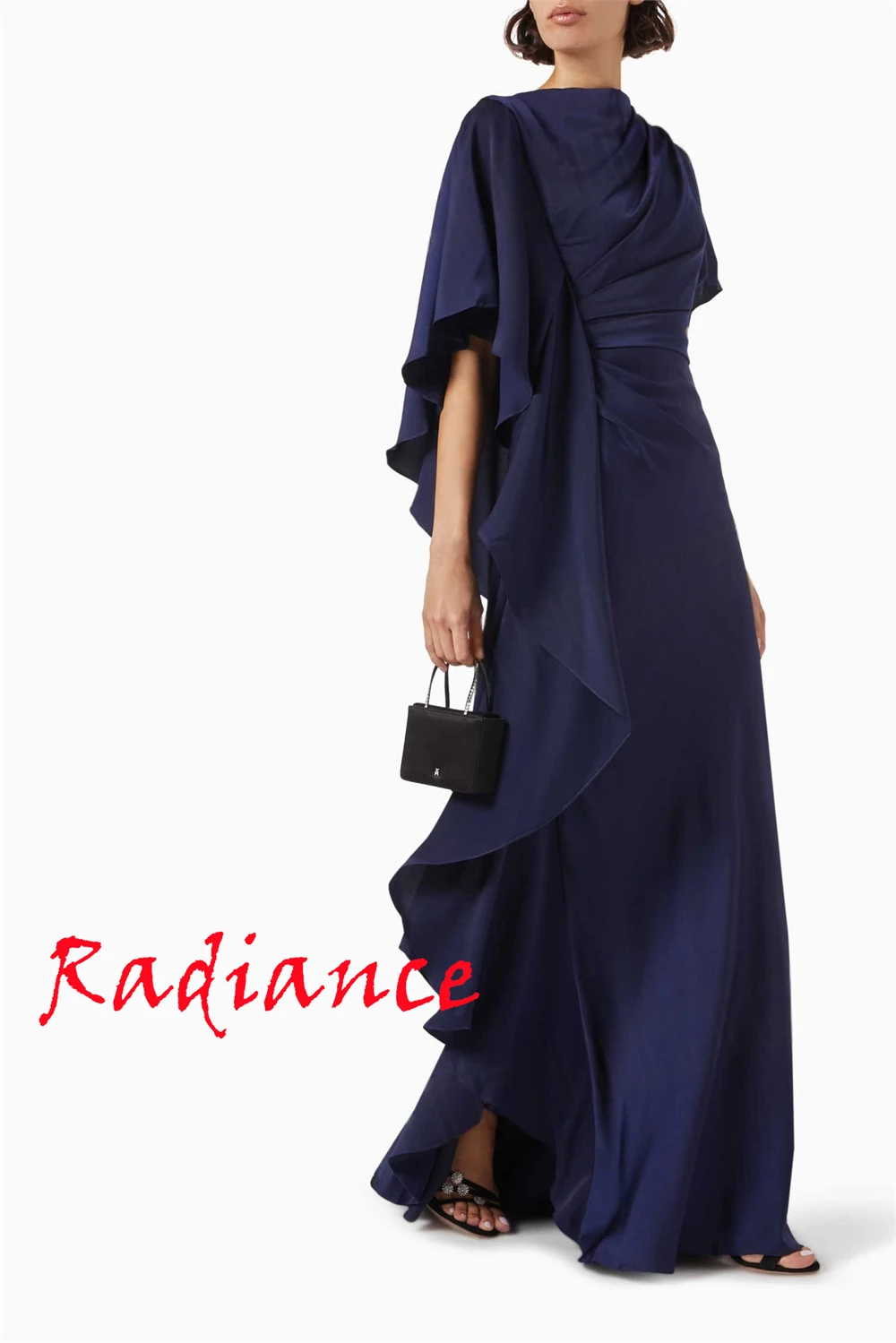 

Customized Temperament Navy Jersey Evening Dress Exquisite Crew Neck Short Sleeves Prom Dress Chapel Train Party Dresses