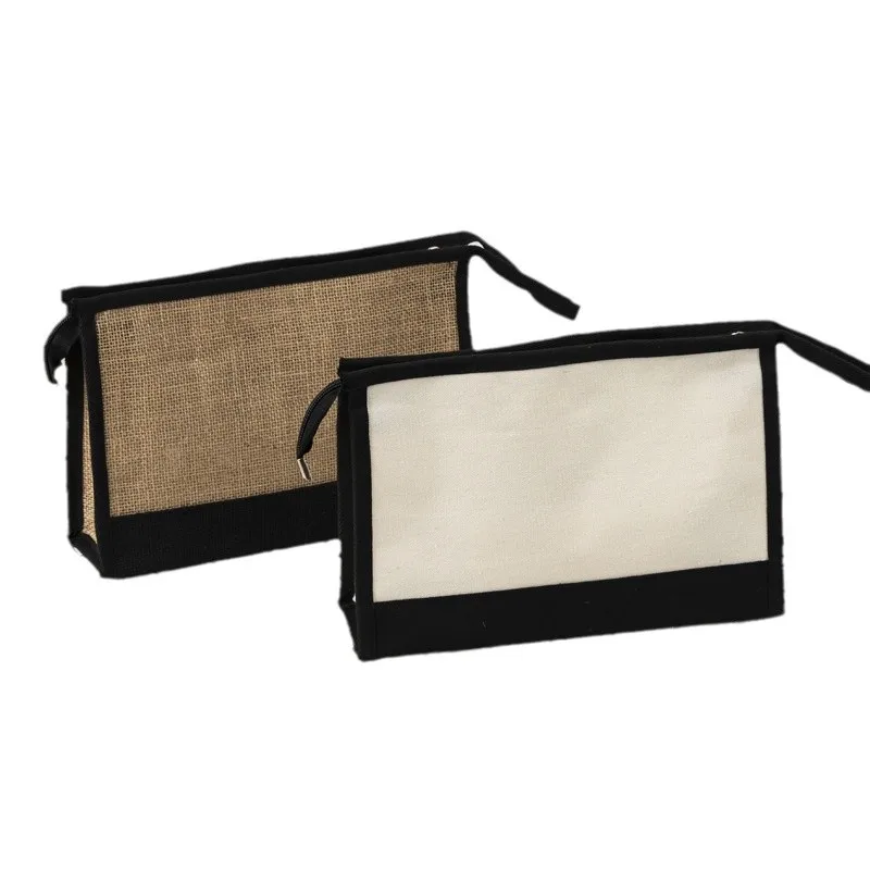 100Pcs/Lot Large Makeup Bag Canvas Jute Splicing Zipper Bag Travel Toiletries Portable Storage Bag Wholesale