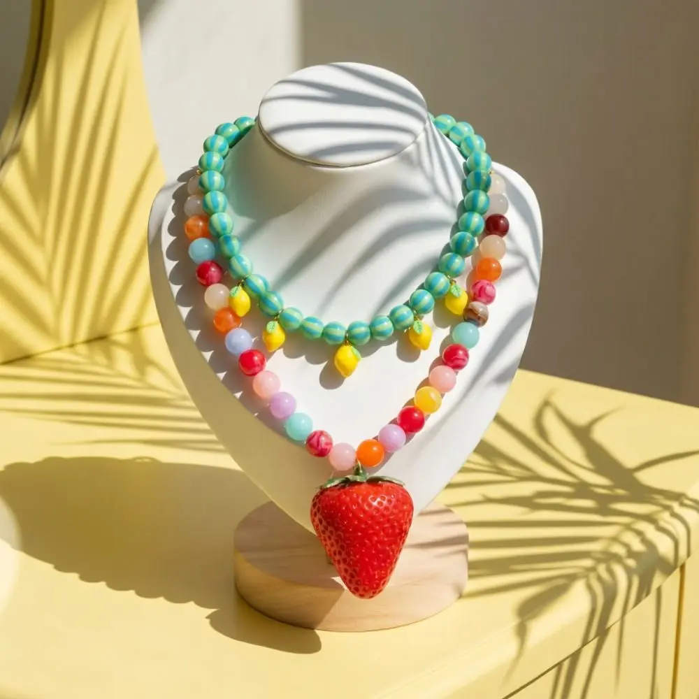 Fun Layered Beads Fruit Necklace Stackable Colorful Beads Multi Layer Choker Lemons Bohemian Collarbone Chain Spring/Summer