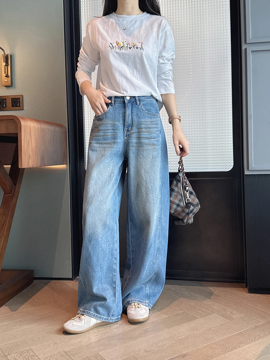 

Shiny Sequin Faux Fur Wide Leg Jeans Soft Cotton Arc Shape Vintage Style Women's High Waist Denim Pants Winter Season