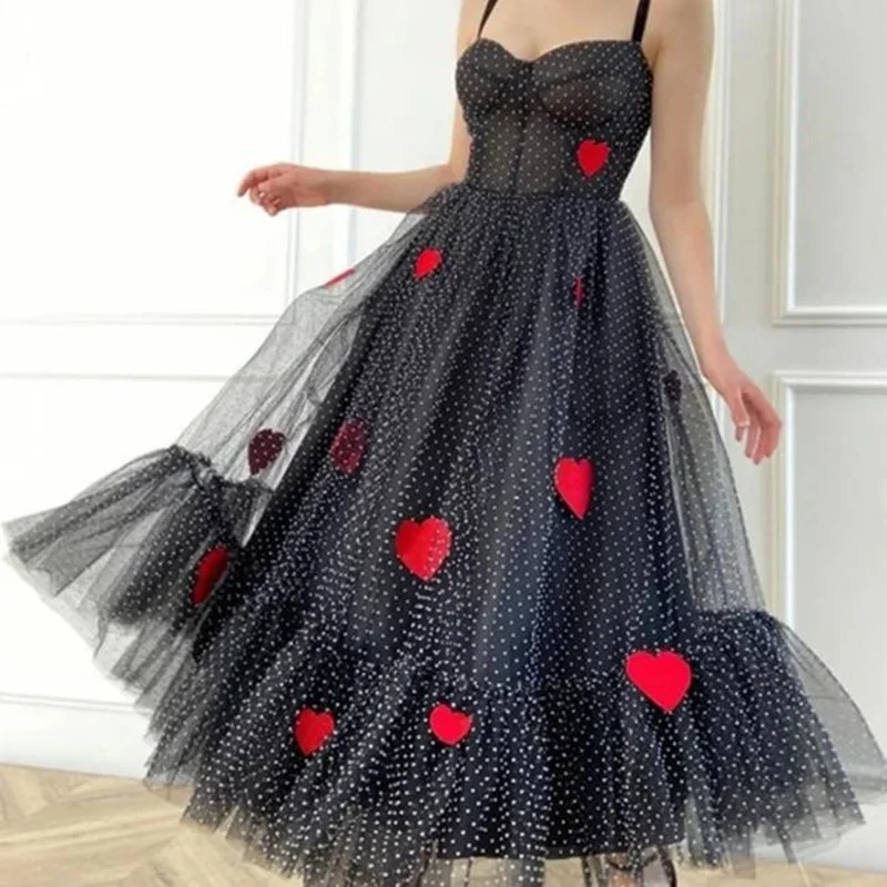 

Women Summer Black Sexy Strap Shoulder Fairy Dress Woman Dot Tulle Red Heart Print Mesh Dress French Sleevess Pleated Long Dress