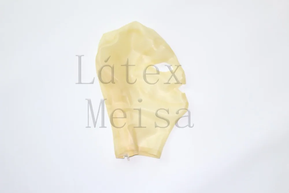 Capots en latex de conception 3D, yeux ouverts, narines et bouche avec fermeture éclair au dos de couleur transparente