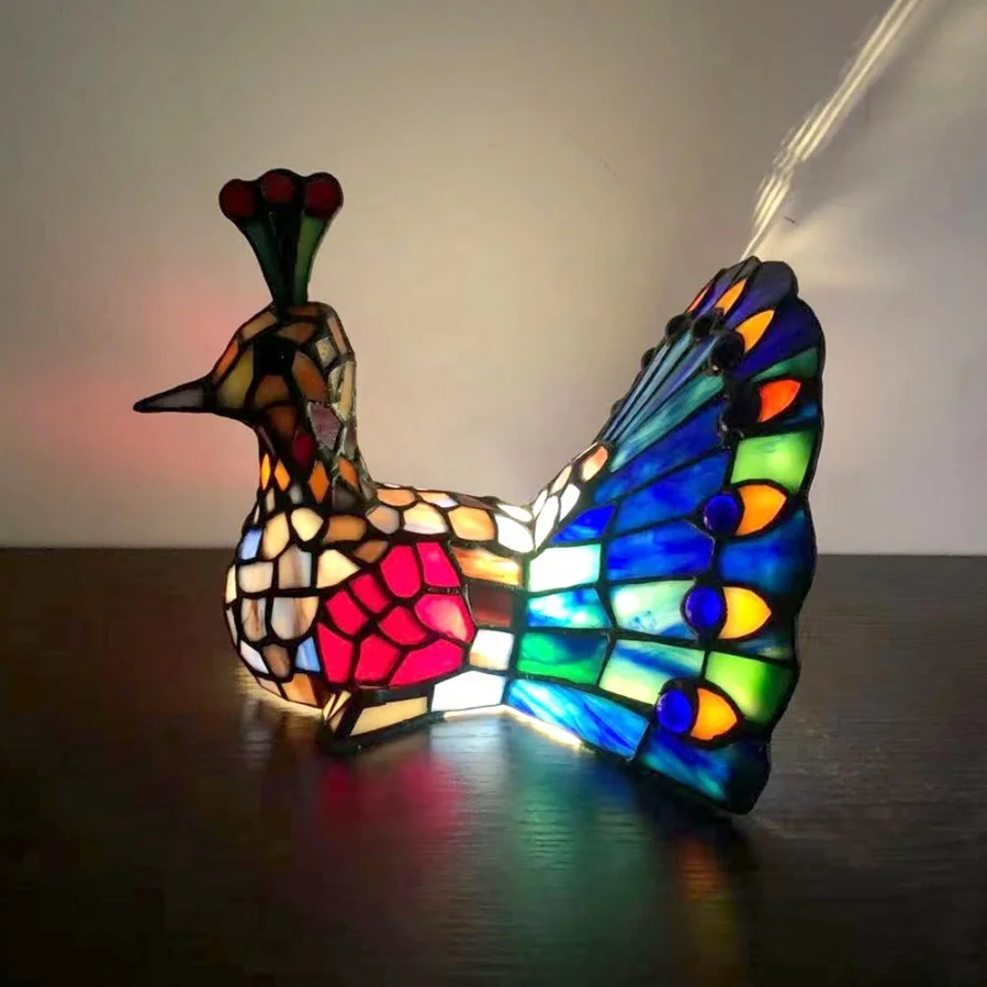 Handmade European flexible AC peacock desk lamp multi-color stained glass lampshade home decoration night light