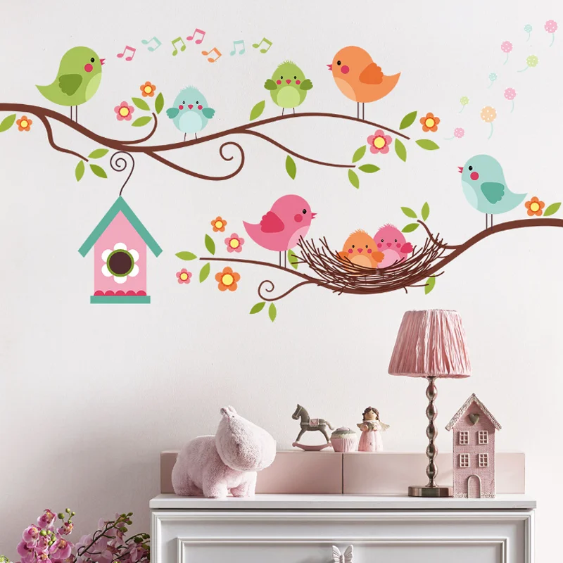 Kawaii Branches Birds Small Houses Wall Stickers Room Living Room Sticker Bathroom Decoration Self-adhesive Removable Waterproof