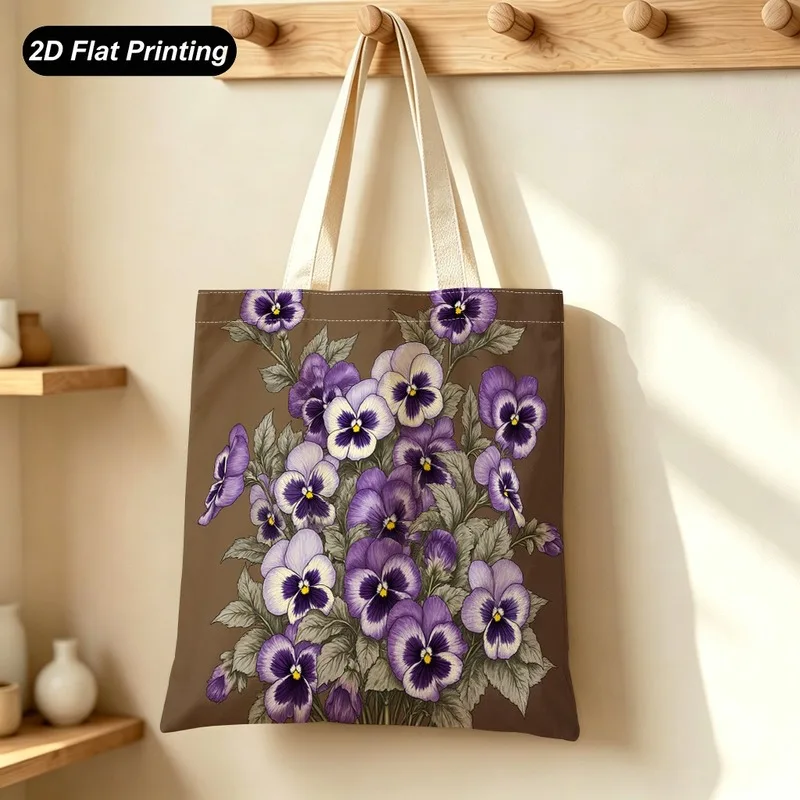 1PC【Tote Bag】Printed Design - Not Textured 2DFlat effect Vintage Purple Pansy Print Tote Bag，Large-capacity new model，Suitable f