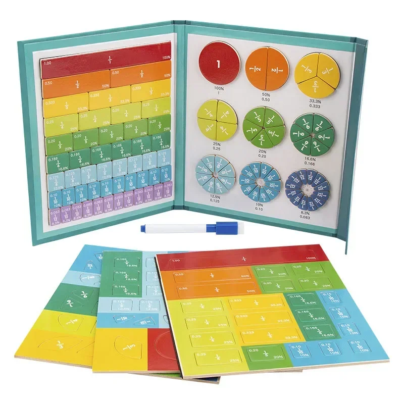 Magnetic Fraction Educational Puzzle, Magnetic Fraction Tiles,Wooden Fraction Book Kids Learning Educational Toys Teaching Aids