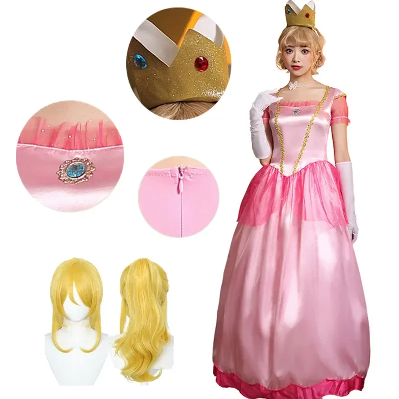 Peach Princess Classic Game Costume Girls Carnival Cosplay Party Pink Dress Birthday Stage Luscious Uniform Headwear Gloves