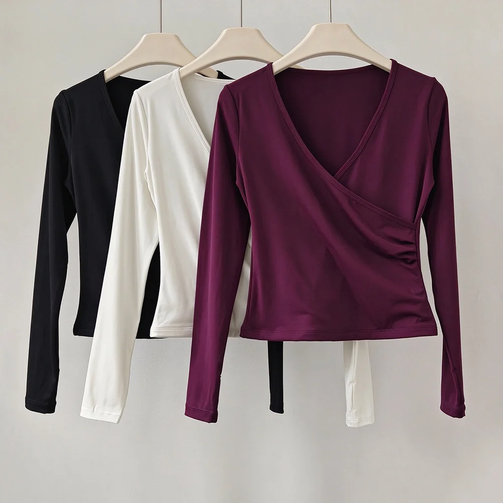 Women Wrap V Neck Long Sleeve Yoga Top Quick Dry Slim Fit Ruched Side Fitness Shirt Stretch Gym Pilates Workout Sports Activewea