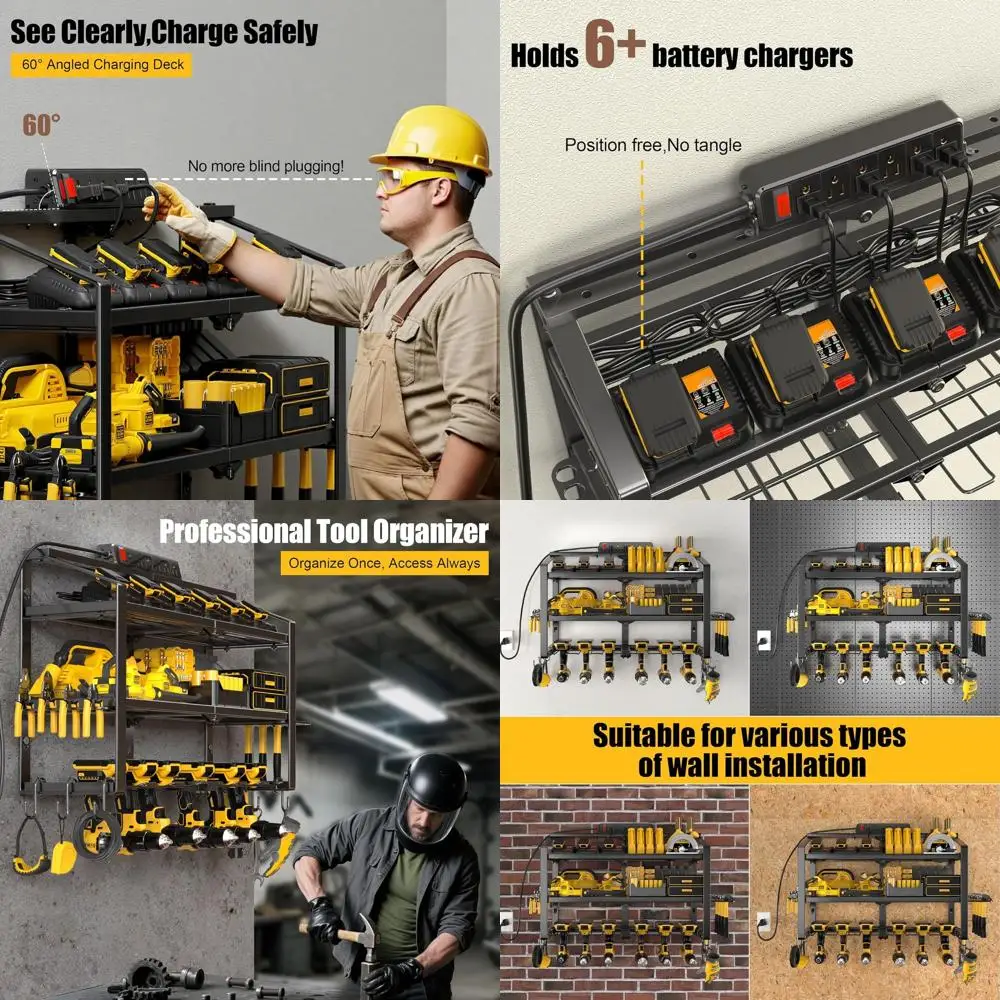 

3-Tier Heavy-Duty Wall Mounted Tool Organizer with 6 Drill Holders for Garage Workshops and Charging Stations - Ideal Gift for M