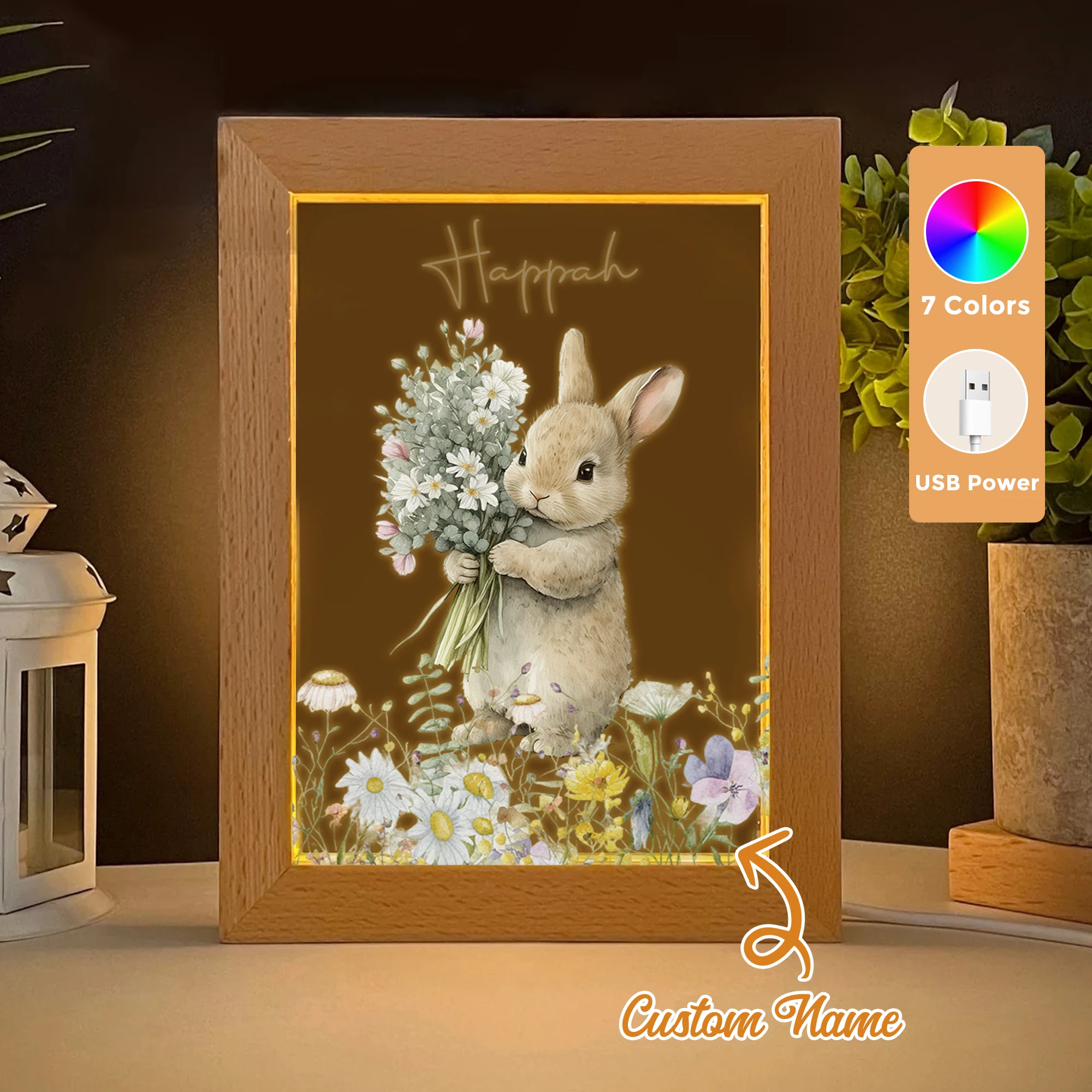 

2D Flat Custom Name Bunny Hug Bouquet LED Acrylic Night Light Wood Photo Frame 21x17cm Cartoon Children Bedroom Gifts Home Decor