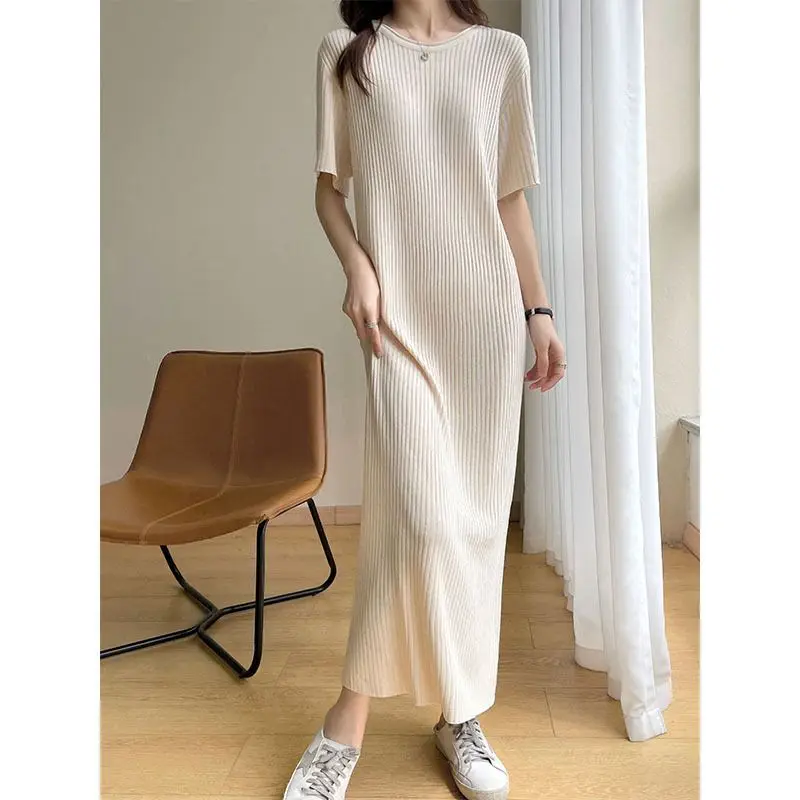 

Elegant Temperament, Ice Silk Short Sleeved Dress, Summer Slimming, Knee Length Long Skirt