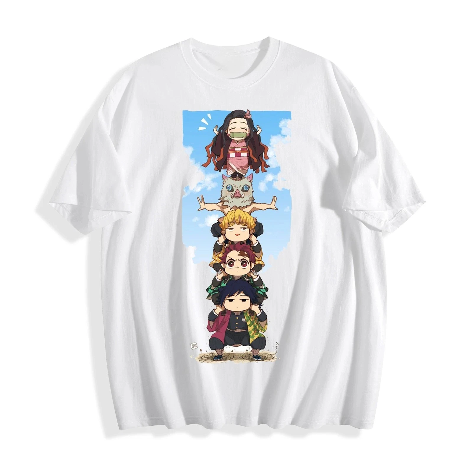 Summer Hot Sale Demon Slayer Chibi Stack Tee - Tanjiro Nezuko Zenitsu Inosuke Anime T-shirt Men's Round Neck Short Sleeve