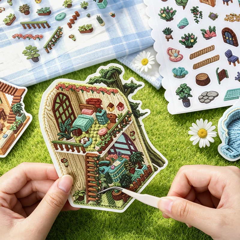 JIANQI Kawaii Dream Home 3D Simulated knitting Landscape Sticker DIY Pocket Cabin Scene festival gift