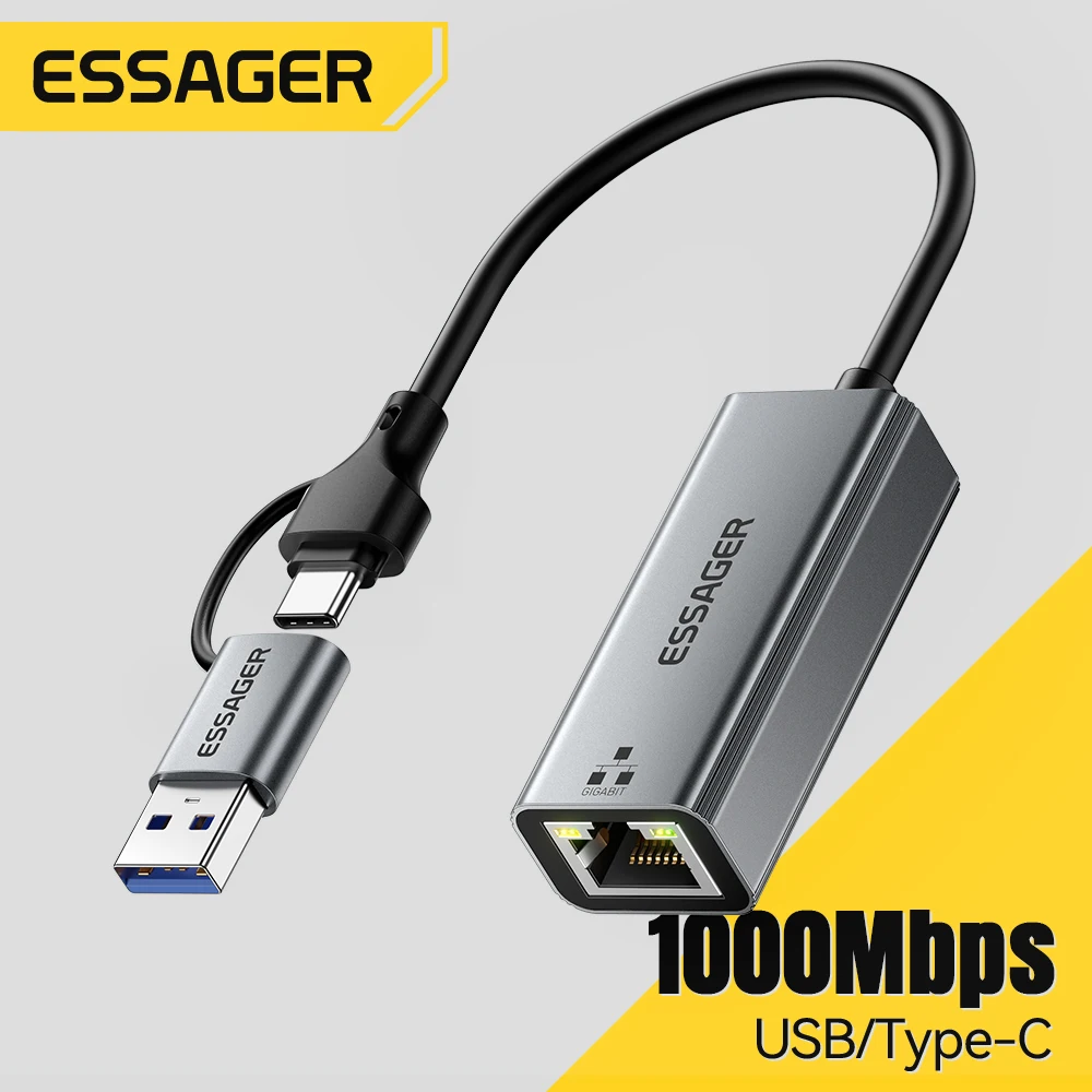 Essager 2-in-1 Ethernet Adapter USB-A/Type-C to RJ45 Network Card 1000Mbps Ethernet Gigabit Adapter Lan Card for MacBook Laptop