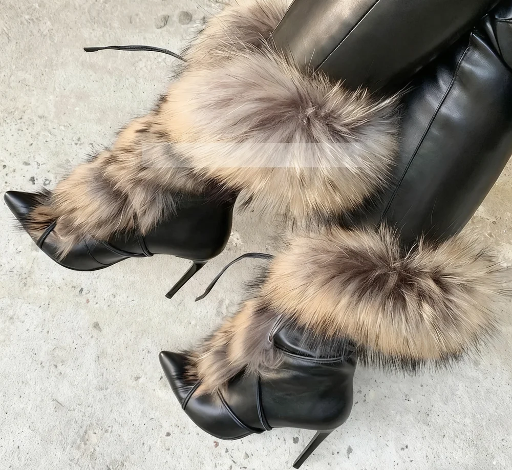 شتاء دافئ جلد أسود وبني فو الفراء منتصف العجل الأحذية كعب ستيليتو الدانتيل متابعة التفاصيل أفخم الفراء تقليم أشار تو أحذية سيدة