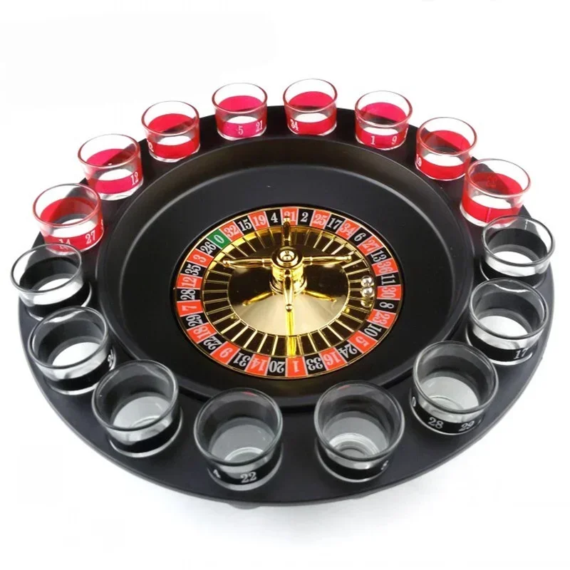 [Divertido] 16 vasos de chupito, ruleta giratoria rusa de lujo, fichas de póker, juego para beber, suministros para fiestas, juego de vino, juego Drinken para adultos