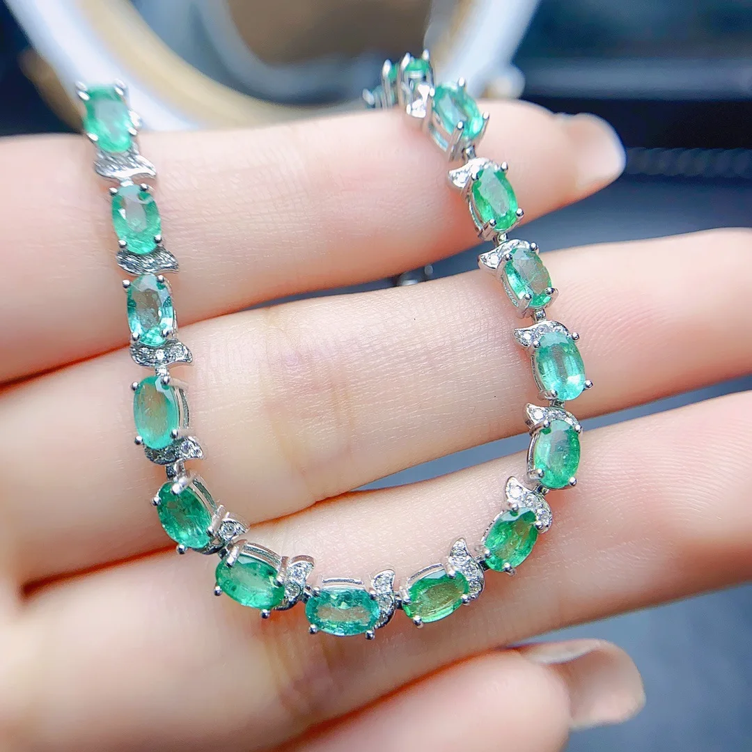 

Natural Emerald Bracelet 3x5mm, S925 Silver Inlaid Green Gemstone Jewelry