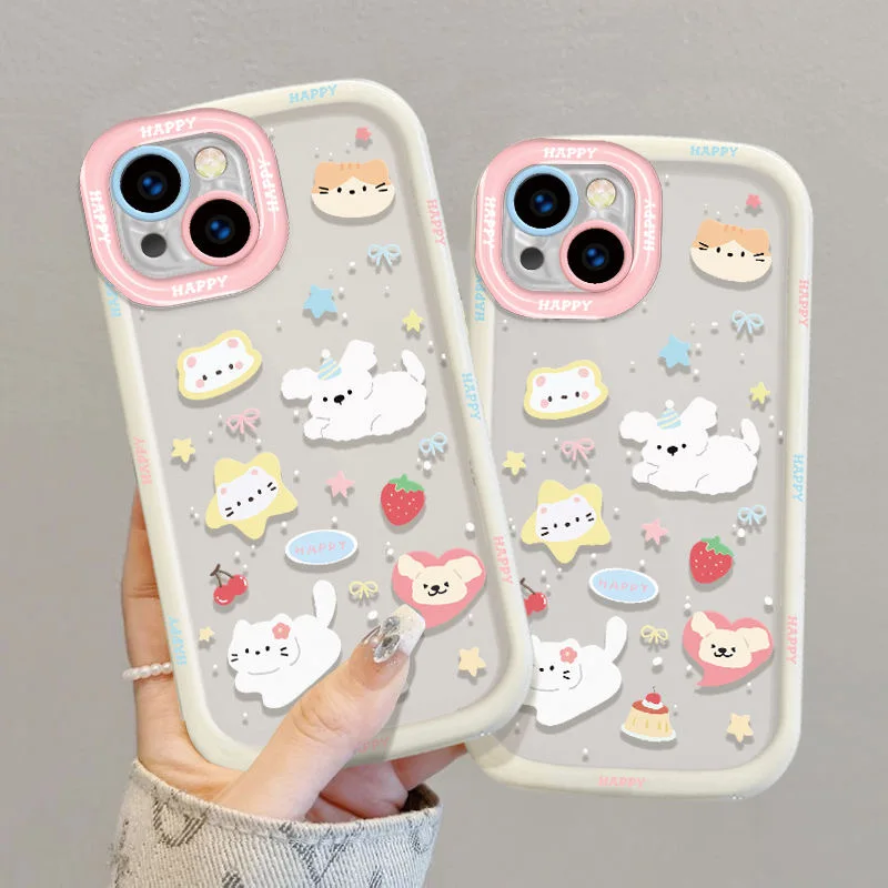 Funda de teléfono con carcasa en color crema, carcasa pintada con estrellas, gatos y perros, cordón de teléfono del mismo color para iPhone 11, 12, 13, 14, 15, 16 pro max
