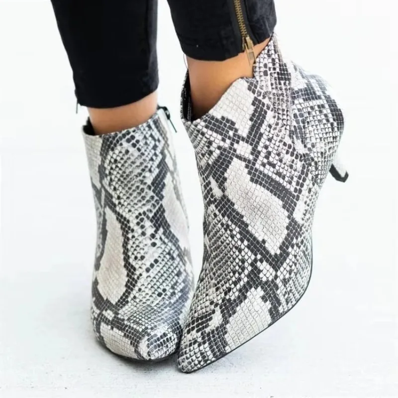 2023NEW Ankle Boots Leopard Women Pointed Toe Ladies Chunky High heel Female Shoes Footwear Plus Size