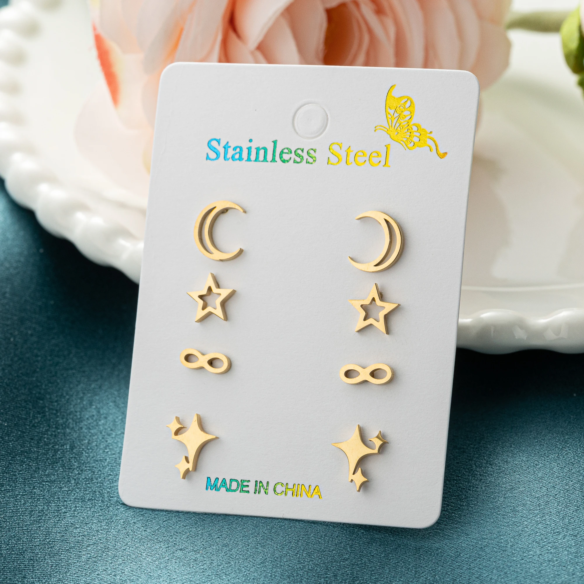 4Pair/Lot Stainless Steel Hollow Star Moon Stud Earring For Women Stainless Steel Ear Piercing Earring Trendy Jewelry Gifts 2024