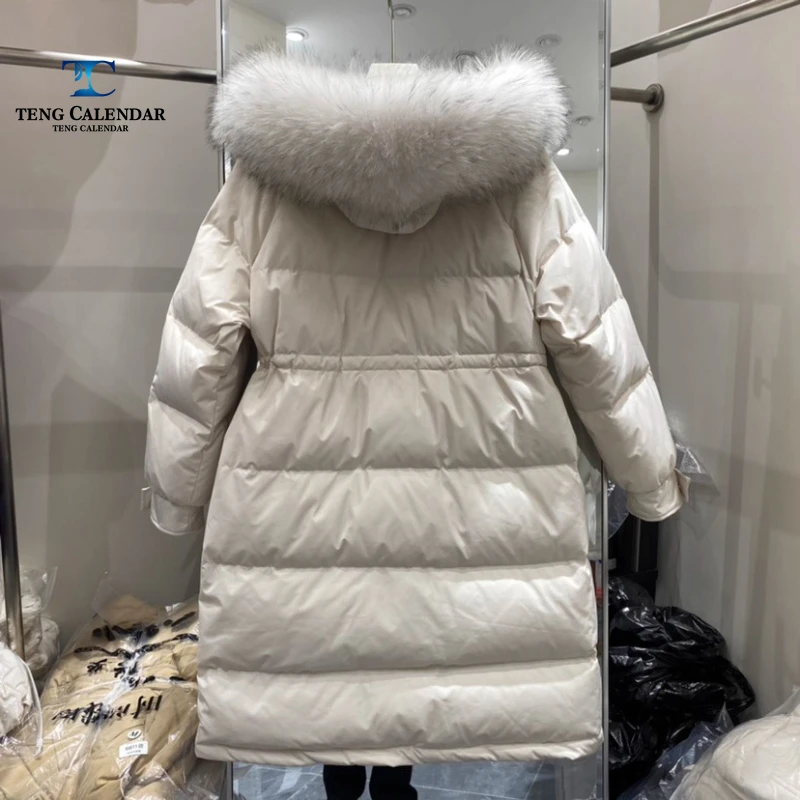 Winter Down Jacket, Medium To Long Hooded Large Fur Collar Waist Cinched Warm Jacket, Women's Winter 2025 New Style