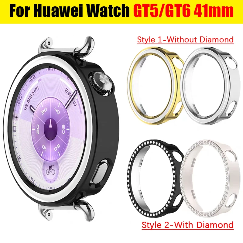 Women Diamond Case for Huawei Watch GT6 41mm Anti-scratch Screen Protector Cover for Huawei Band GT5 41mm SmartWatch Bumper
