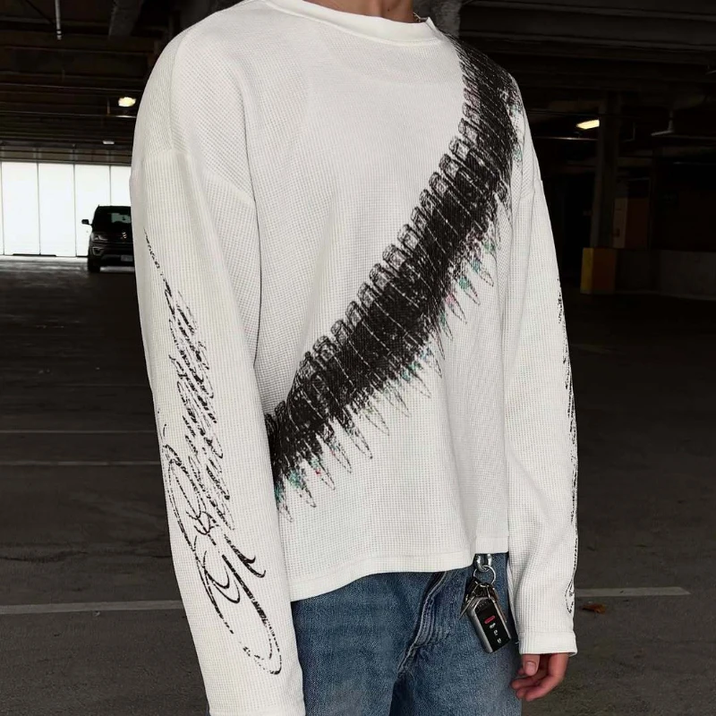 2025 جديد y2k رصاصة رسالة مطبوعة الأمريكية الرجعية كم طويل تي شيرت الشارع نمط عادية فضفاض الرجال والنساء #4