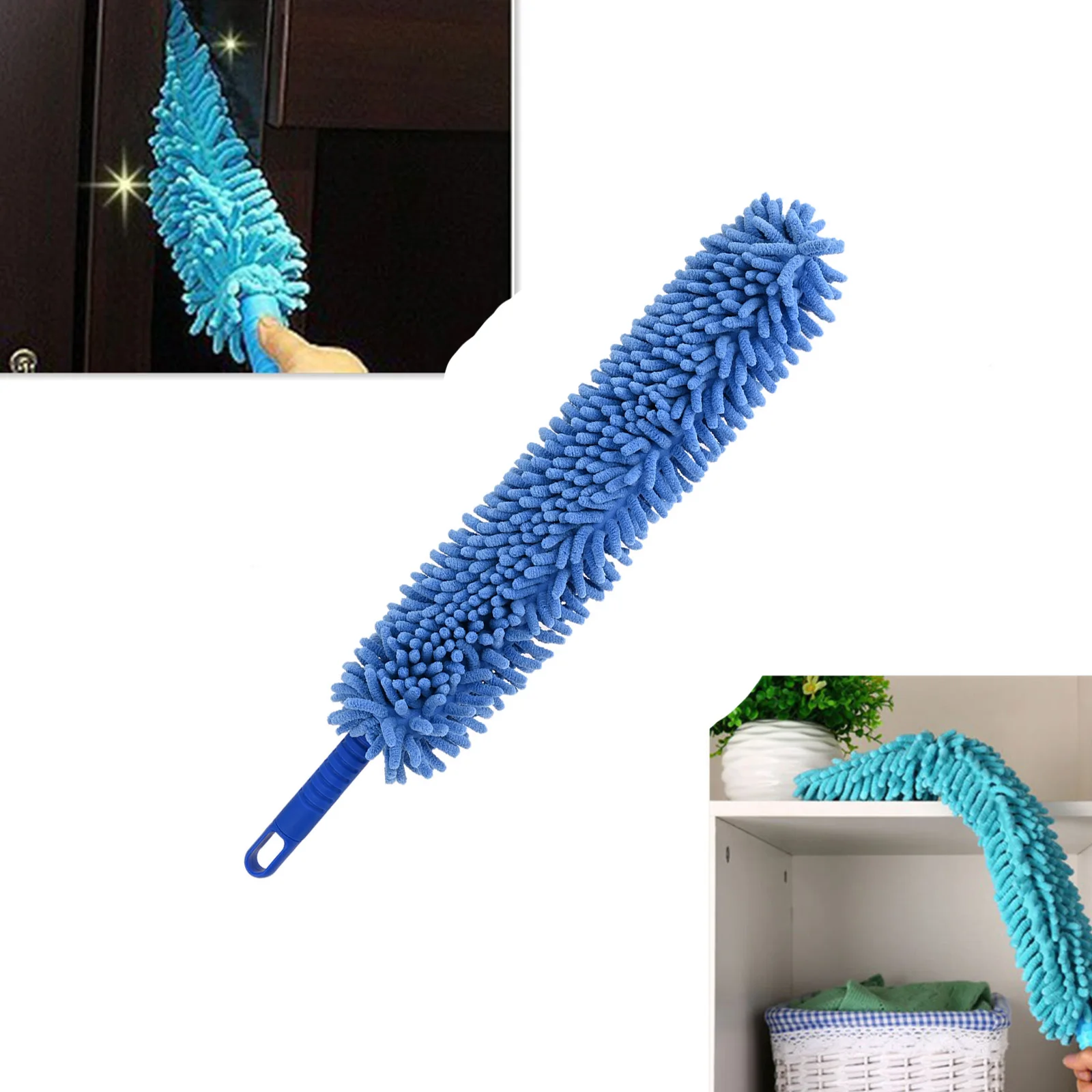 1pc Bendable Chenille Duster Brush Flexible Handle 57.5cm Blue Washable Microfiber Cloth Home Car Fan Window Ceiling Furniture