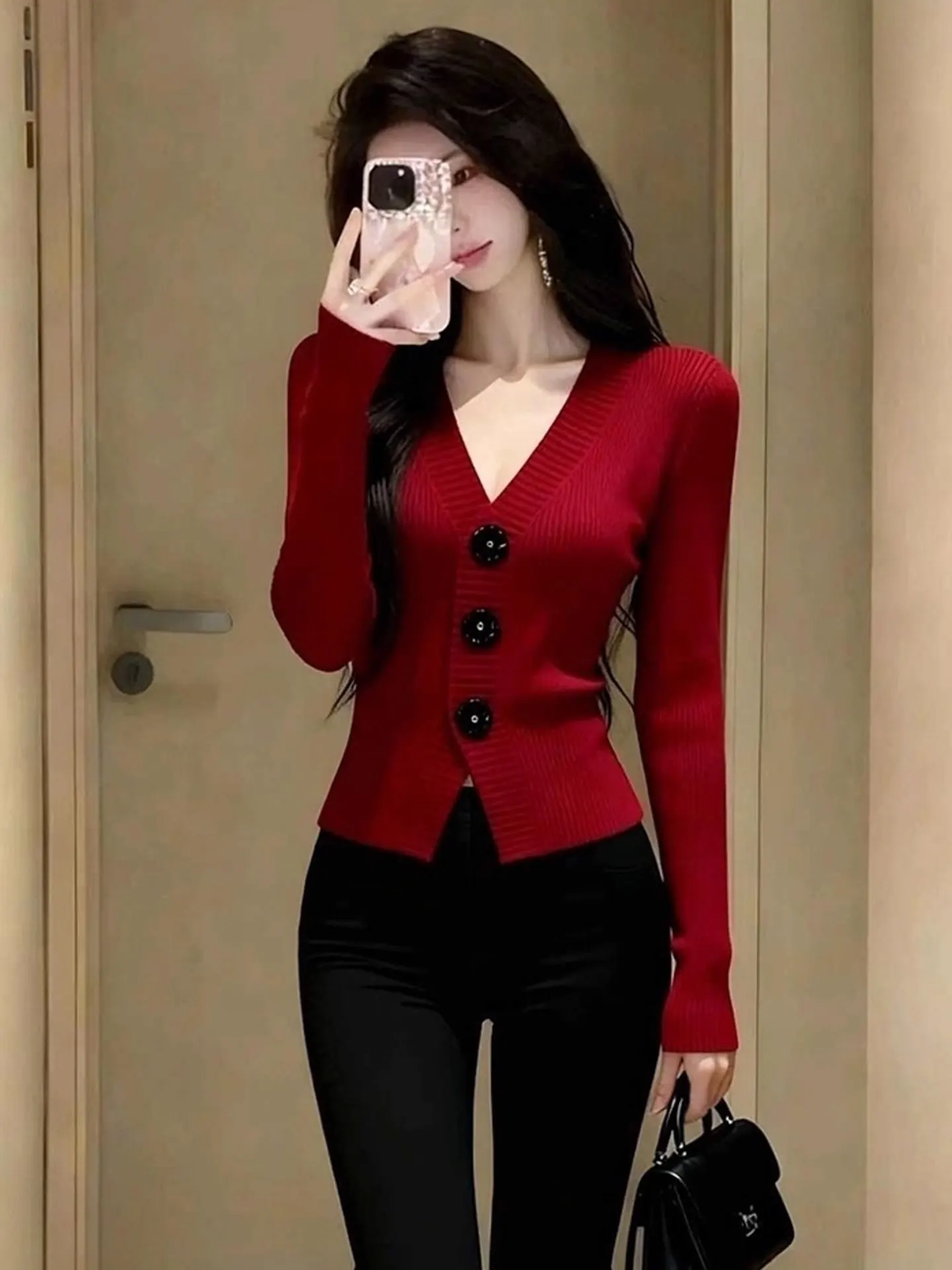 

Красный вязаный свитер Cisas с V-образным вырезом и длинными рукавами, женская модная зимняя верхняя одежда, дизайн с одной пуговицей, теплый, для повседневной носки