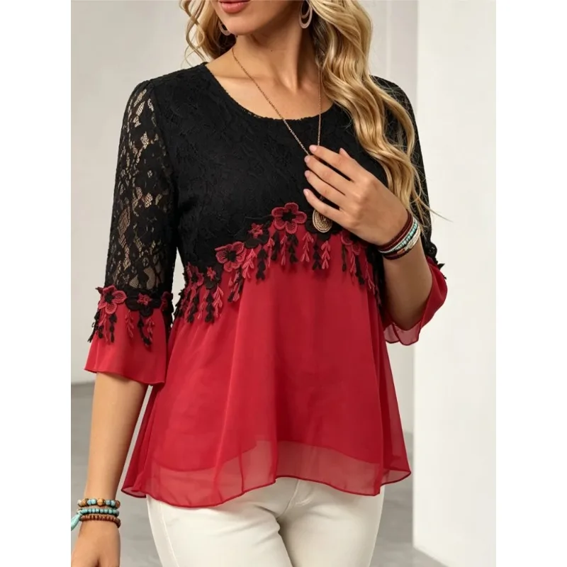 Casual Half Sleeved Round Neck Lace Patchwork Contrasting Color Women's Blouse New 3D Flower Retro Hollow Out Elegant Tops