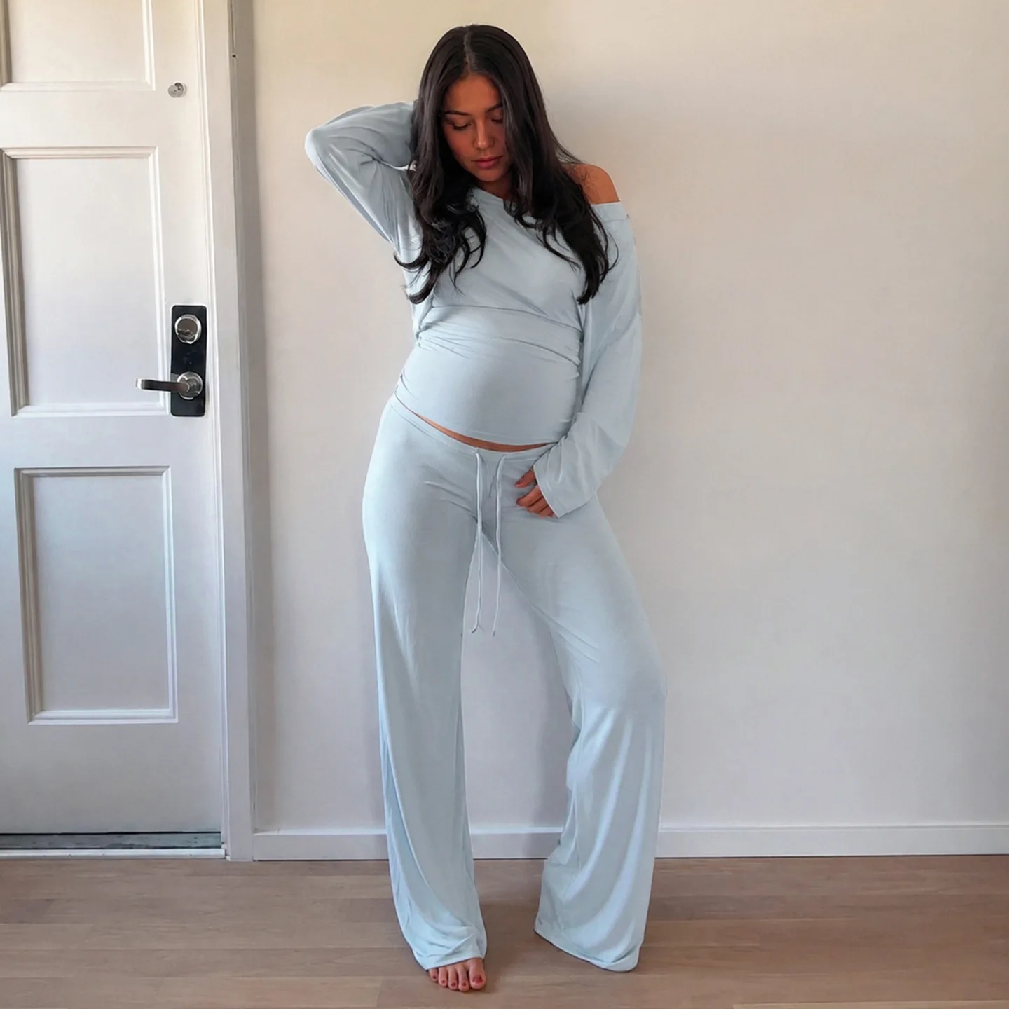 Women Solid Home Wear Suits Inclined Shoulder Long Sleeve T-shirts Tops + Drawstring Loose Straight Pants Casual Streetwear