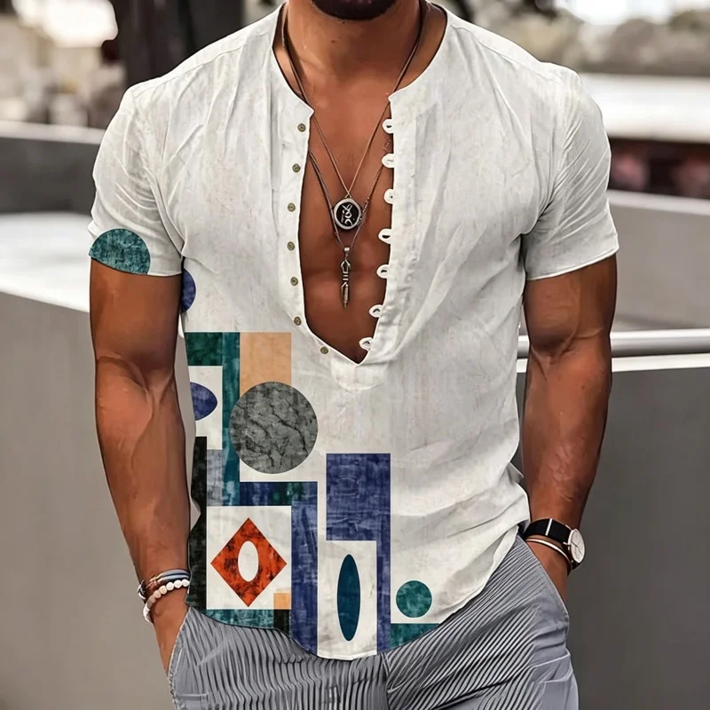 Men's shirt summer new style personalized print Henry collar short sleeved half open button casual vacation style men's top