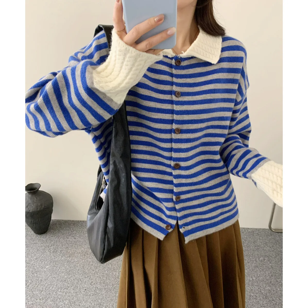 

Cardigan Women Coat Sweaters Coats Jackets Striped Jumpers Y2k Streetwear Polo Collar Elegant Knit Open Stith Autumn Winter