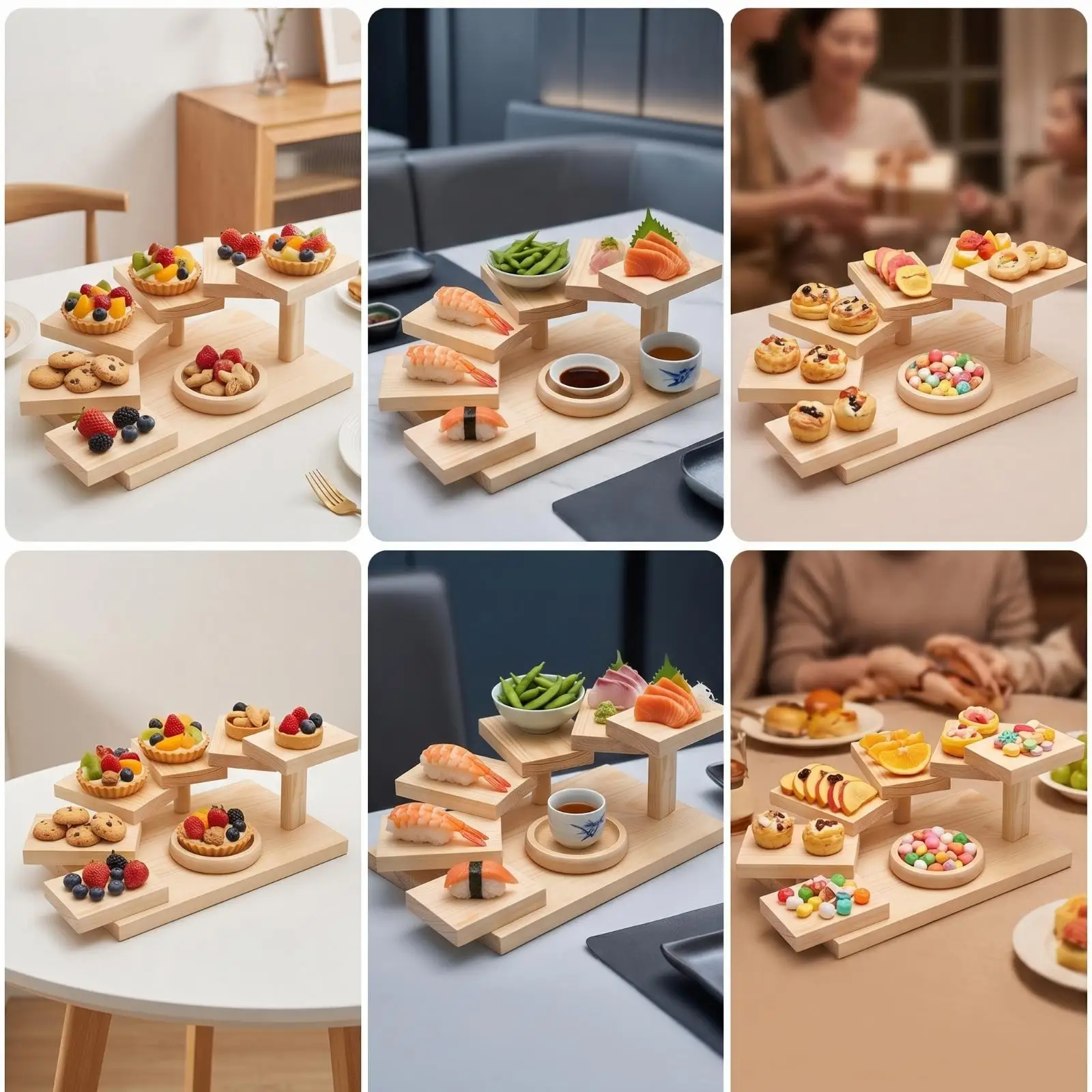 Multi-tiered wooden display stand, handcrafted, minimalist style.