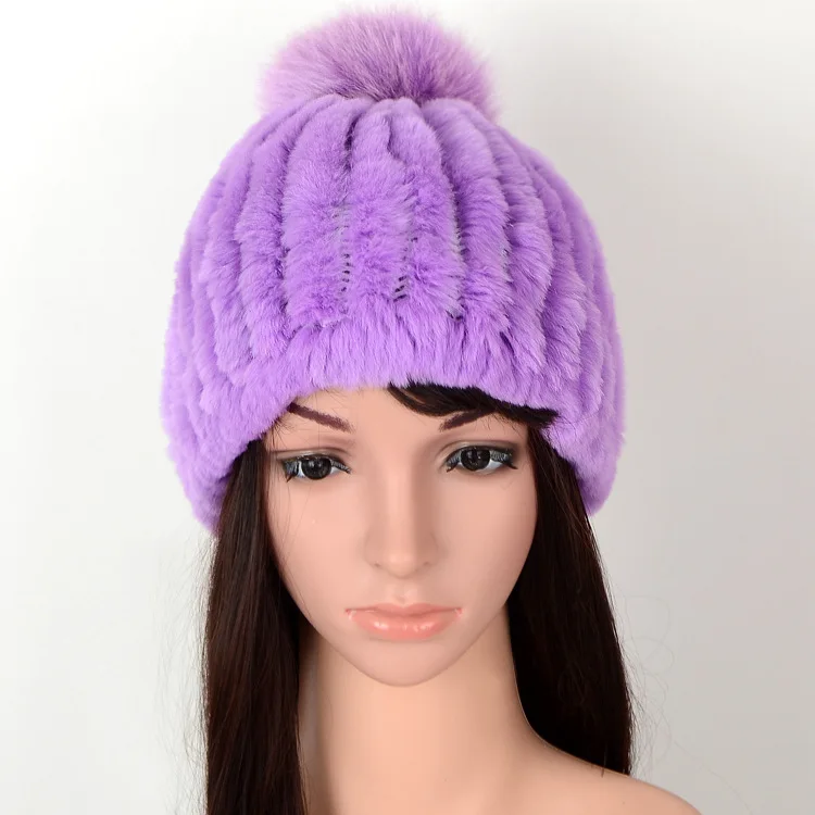 

2025 Winter Warm Real Rex Rabbit Fur Hats Beanies 100% Natural Fur Caps Fashion Knitted Genuine Fur Hat With Real Fox Fur Ball