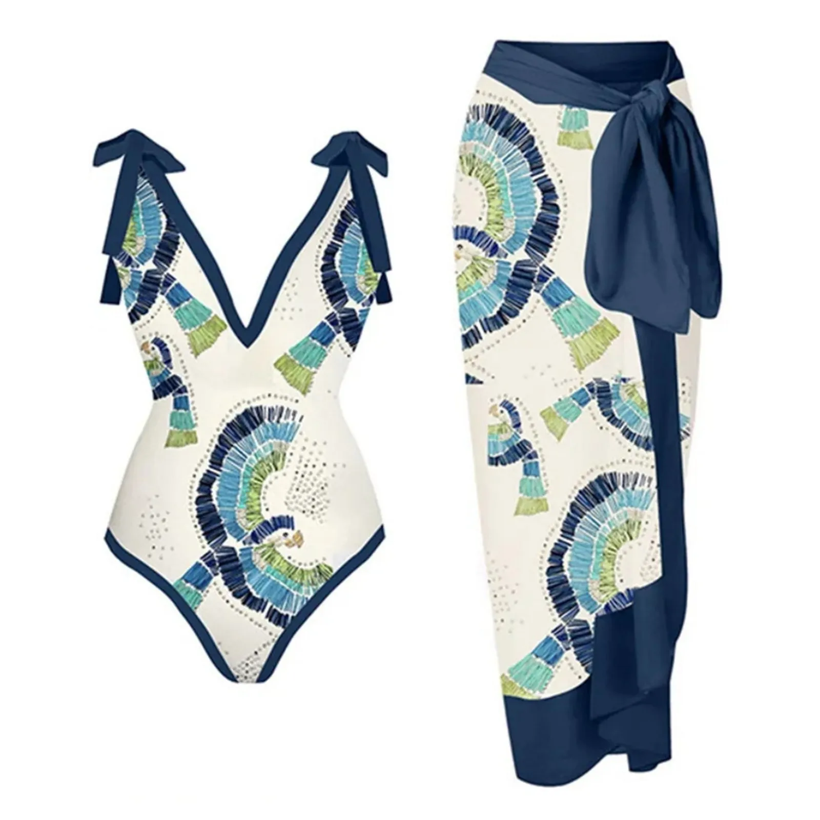 купальники жіночий 2024 Women\'S Sexy One-Piece With Printed Swimsuit Long Skirt Two-Piece Set Beach Outfits Women пляжная одежда